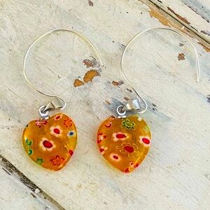 Sterling Murano Millefiori orange floral glass heart earrings